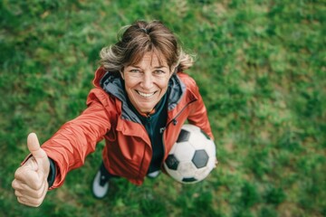 Naklejka premium A woman holding a soccer ball, smiling and giving a thumbs up.