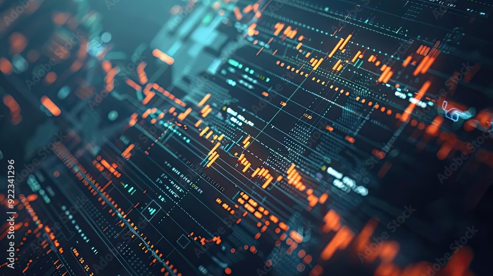 Poster abstract digital data visualization in vibrant colors showcasing complex information and financial t
