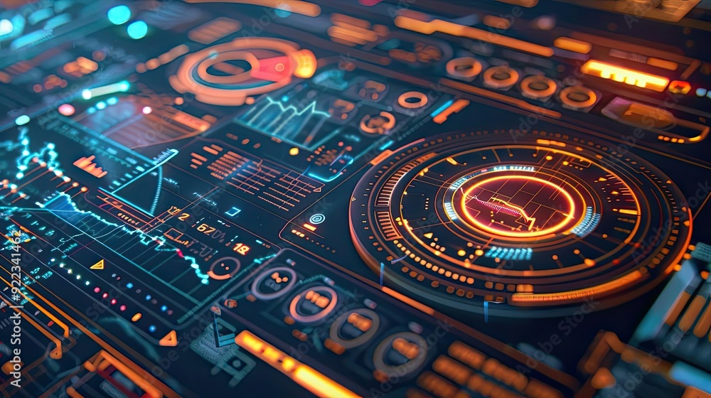 Poster Futuristic data visualization with glowing elements, perfect for technology concepts, UI design, and digital interfaces.