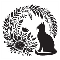 A cat and a plant in an illustrated frame  silhouette vector white background
