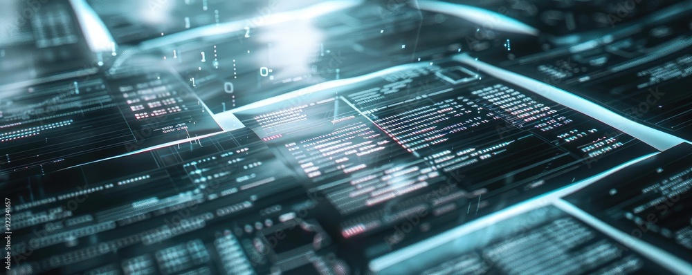 Poster Futuristic digital interface showcasing various data metrics, enhancing technology and innovation themes in a sleek design.