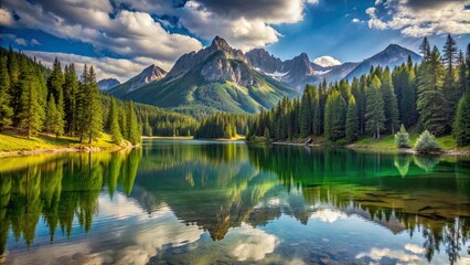 of a scenic mountain landscape with a lake and forest , nature, background, landscape, mountains, trees, water, tranquil