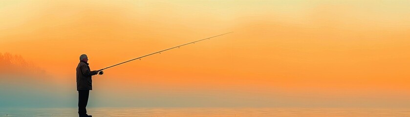Minimalist elderly person fishing, single rod, clean background, natural light