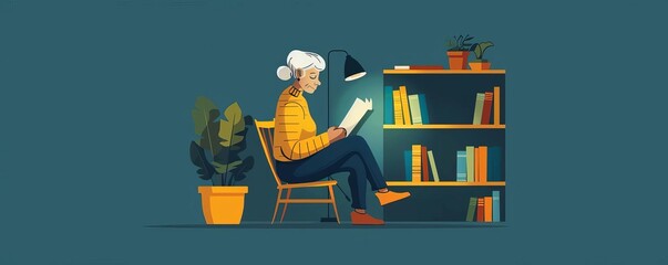 Minimalist elderly person reading, single lamp, soft light