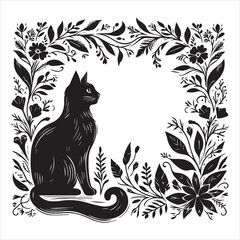 A cat and a plant in an illustrated frame  silhouette vector white background
