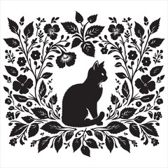 A cat and a plant in an illustrated frame  silhouette vector white background
