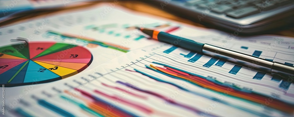 Aufkleber colorful business charts and graphs displayed with a calculator, showcasing data analysis for effect