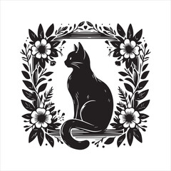 A cat and a plant in an illustrated frame  silhouette vector white background
