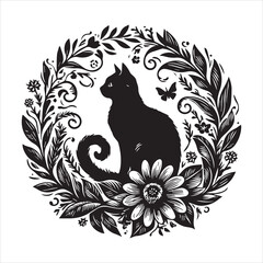 A cat and a plant in an illustrated frame  silhouette vector white background
