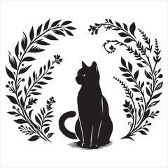 A cat and a plant in an illustrated frame  silhouette vector white background

