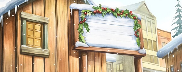 Blank wooden sign with snow and greenery on a wooden building.