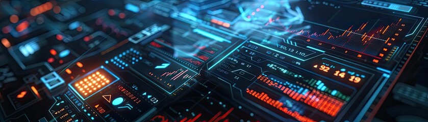 Fototapeta premium Futuristic interface showcasing advanced data analytics with vibrant colors, graphs, and digital effects for technology enthusiasts.