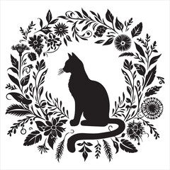 A cat and a plant in an illustrated frame  silhouette vector white background
