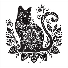 A cat and a plant in an illustrated frame  silhouette vector white background

