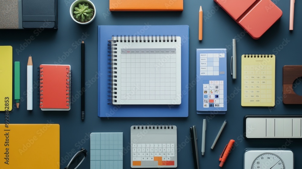 Poster modern office productivity tools and apps on desk for better time management and efficiency