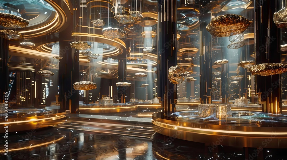 Poster A futuristic, illuminated space featuring floating platforms and dramatic light beams, creating a mesmerizing atmosphere.