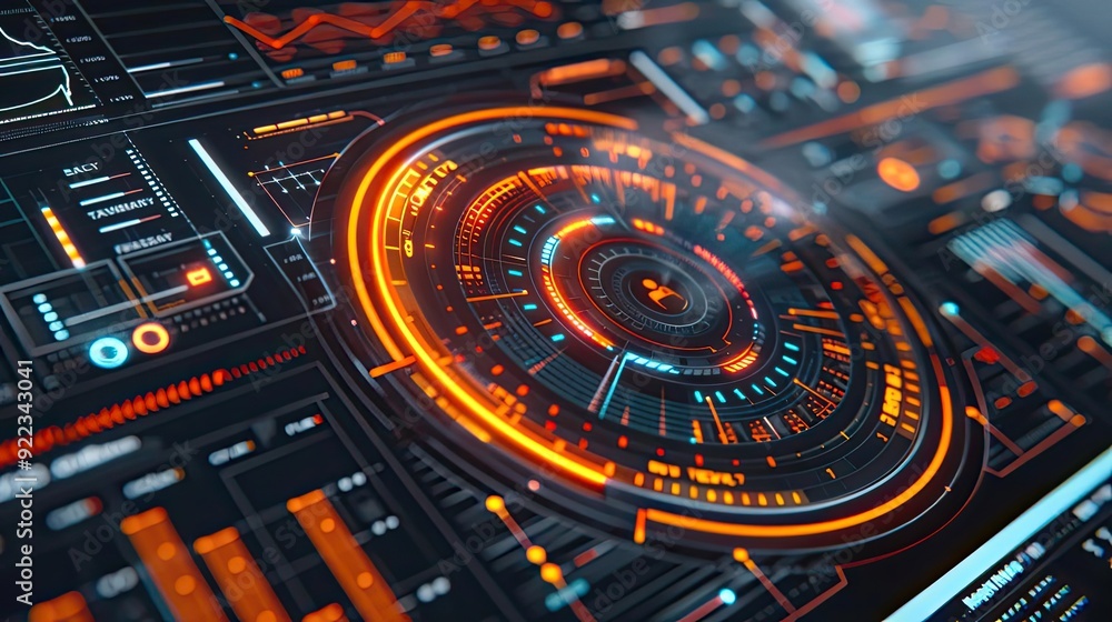 Aufkleber futuristic digital interface featuring glowing orange and blue elements, perfect for tech and data v
