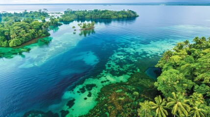 Tranquil ocean vista  aerial view of serene blue sea with lush palm covered islands