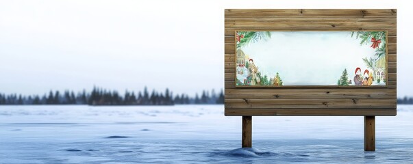 Wooden sign with blank space stands in a frozen lake with a forest in the background.