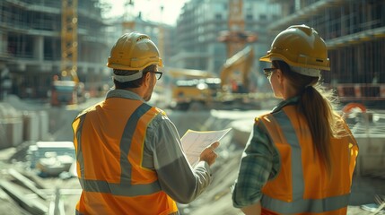 A diverse team of project managers discussing construction plans at a busy construction site. High-quality materials and a variety of tools are visible, 