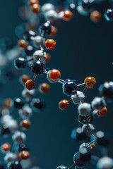 Scientific illustration of molecular structure of a drug. Molecular model depicts the complex interactions between chemicals that form pharmaceutical drugs, used for educational and research purposes.
