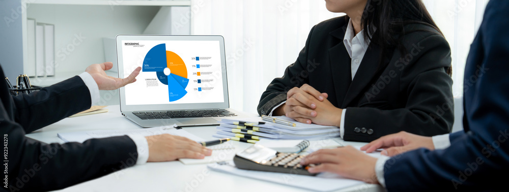 Poster business intelligence analyst team use bi software on laptop to analyze financial data dashboard. bu