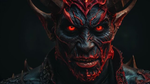 A fearsome demon stares into the darkness, its glowing red eyes piercing the shadows as it prepares for an ancient confrontation