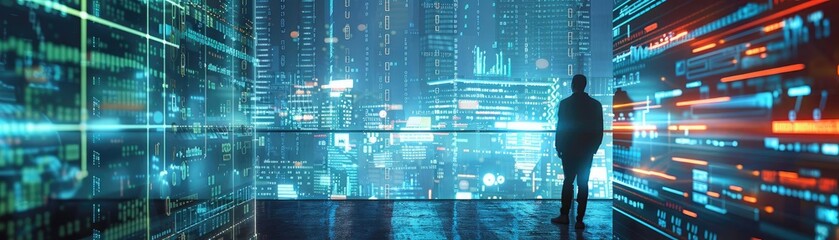 A silhouette of a person standing in front of a vibrant, futuristic digital cityscape filled with glowing data streams.