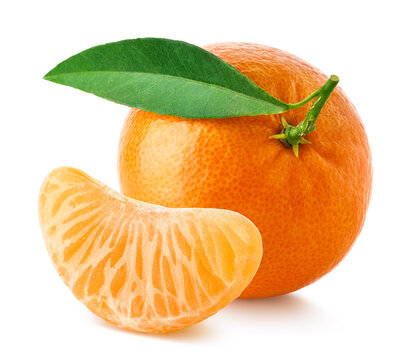 One whole and piece of tangerine, mandarin or clementine on white background.
