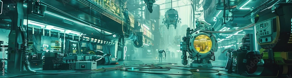 Poster futuristic laboratory with advanced technology and neon lights, showcasing a high-tech environment f