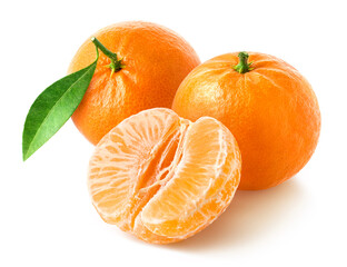 Two whole and half of peeled tangerine, mandarin or clementine on white background