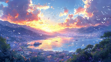 Fototapeta premium Vibrant sunset over a tranquil harbor, with colorful skies, calm water, and scenic mountain backdrop in a serene landscape view.