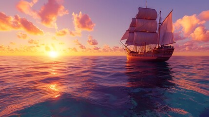Obraz premium Vintage sailing ship at sunset on the open sea, reflecting in calm waters with colorful clouds in the sky.
