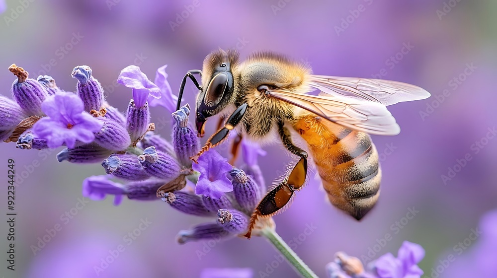 Wall mural Bee Pollinating Lavender Flower - Macro Photography