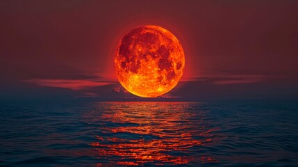 A vibrant orange moon rising over calm ocean waters at twilight