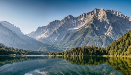 A high-resolution photograph of a majestic mountain range reflected perfectly in the calm waters of a lake.