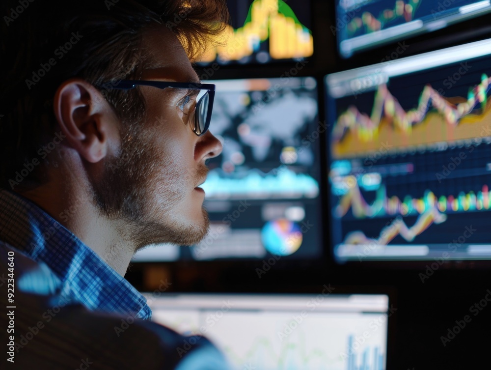 Poster a man in glasses deeply engaged with multiple monitors, examining trading data and financial charts.