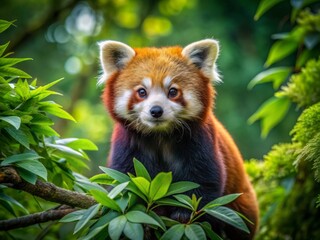 Obraz premium A majestic red panda perches high up in the trees, awake and alert, its bright fur blending with the lush green foliage surrounding it.