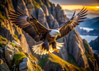 Fototapeta premium Majestic bald eagle spreads wingspan wide, scanning vast expanse below rugged cliffs, sharp eyes focused on unsuspecting prey in a picturesque display of avian power.