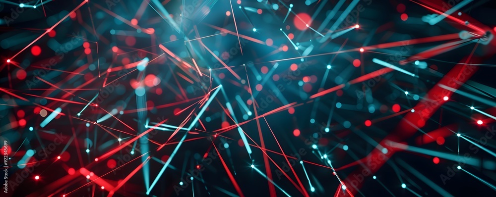 Poster abstract network with intertwined red and blue lines and glowing dots
