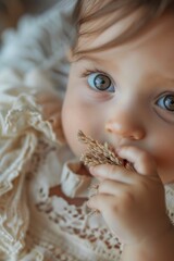 Naklejka premium This image captures a tender moment of innocence and joy, featuring an adorable baby girl with striking blue eyes. The soft focus on the eyes conveys a sense of vulnerability