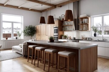 A kitchen with a large island and wooden counters. The kitchen is well-lit and has a warm, inviting atmosphere