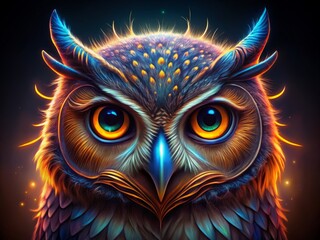 Obraz premium Ultra-high resolution hyper-realistic close-up of a neon glowing metallic owl's face, mesmerizing gaze fixed directly, stark contrast against a dark, mysterious night background.