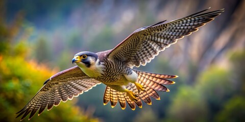 Aerial predator in action: swift falcon soars with remarkable agility and precision, its pointed wings tucked in, targeting unsuspecting prey at breathtaking velocity.