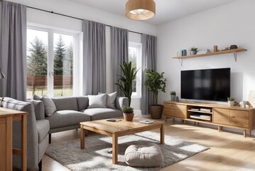 Fototapeta premium A living room with a couch, coffee table, and television. The room has a cozy and comfortable atmosphere