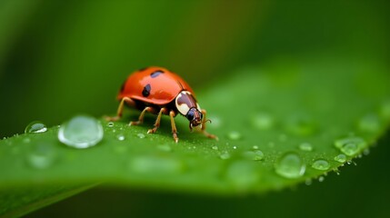 Fototapeta premium Macro of Bright Red Ladybug on a Leaf