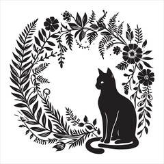 A cat and a plant in an illustrated frame  silhouette vector white background
