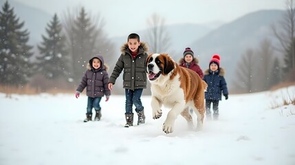 Saint Bernard playing in snow with kids