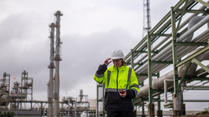 Engineers wearing safety gear, including hard hats examining survey a large blueprint tablet standing industrial facility gas or oil refinery engaged in a job requires high safety standards concept.