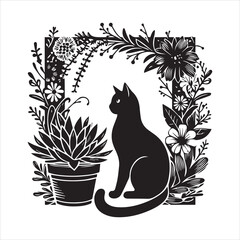 A cat and a plant in an illustrated frame  silhouette vector white background
